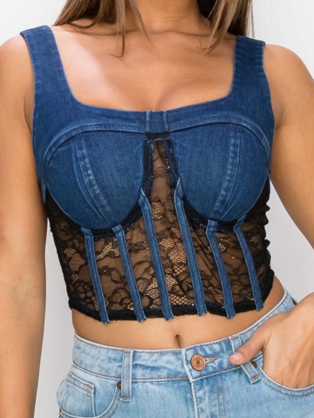 Denim Blvd Black Lace‎ Corset Going Out Sexy Festival Western Bustier Crop Top